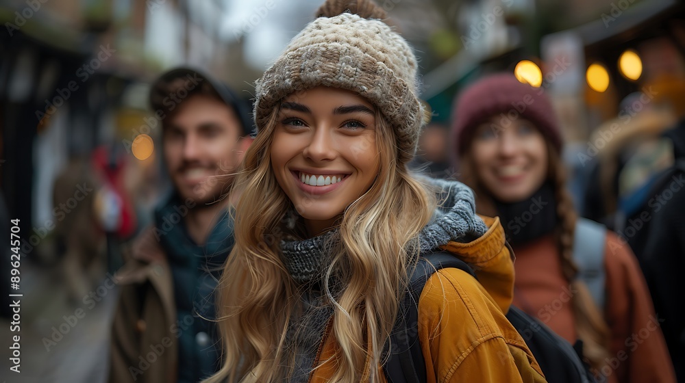 A realistic photograph, 8K resolution, shot on professional DSLR camera, tack-sharp focus, exquisite detail, high dynamic range, lively photo of friends walking together at a cafe, smiling and 