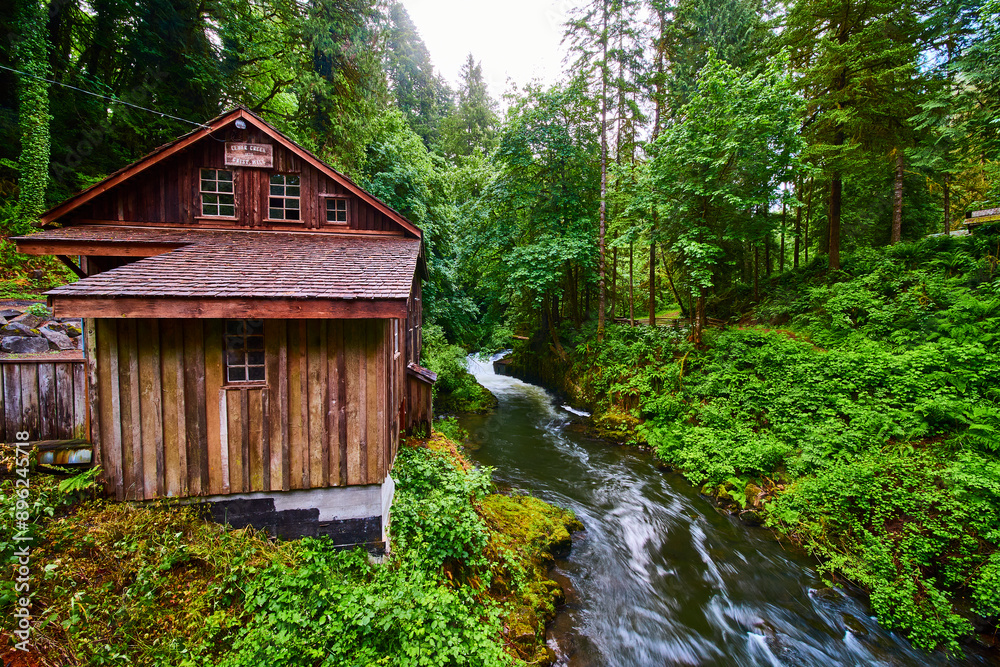Cedar Creek Grist Mill by Flowing Creek in Lush Forest Eye-Level View Cedar Creek Grist Mill by Flowing Creek in Lush Forest Eye-Level View