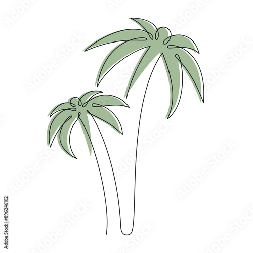 Palm in one continuous line in color. One line drawing, minimalism. Vector illustration.