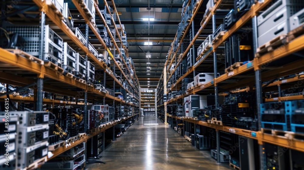 A warehouse filled with shelves of computer parts and components, ready to be assembled into custom-built machines. A warehouse filled with shelves of computer parts and components, ready to be assembled into custom-built machines.