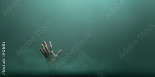 Zombie hand reaching out from the ground with tombstones on a dark green background with copy space for text photo