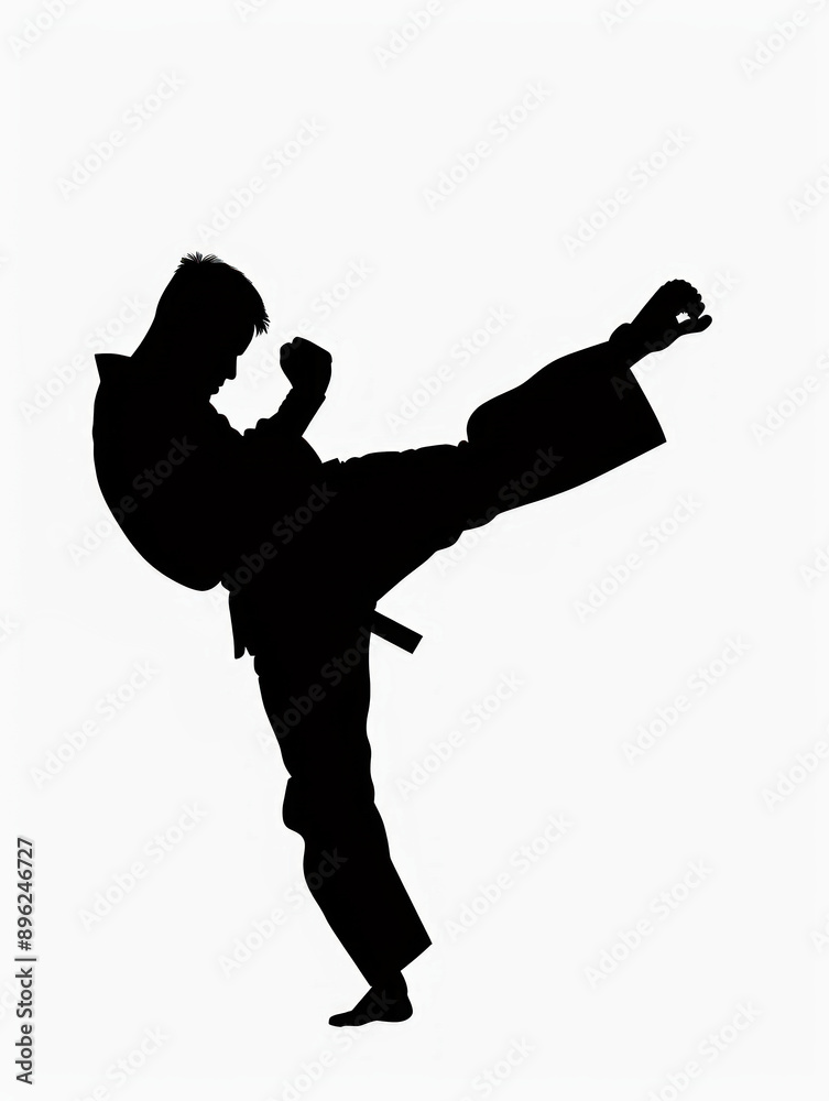 Karate practitioner performing high kick silhouette Karate practitioner performing high kick silhouette