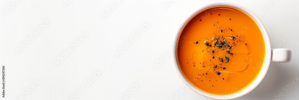 A top view of a bowl of creamy pumpkin soup on a white background A top view of a bowl of creamy pumpkin soup on a white background