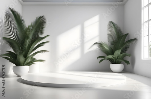 In the white room there is a large round podium, two large potted plants on the sides, light from the window. Pedestal for placing advertised products.