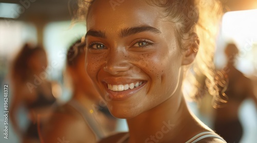 A close-up portrait of a smiling woman with curly hair in a gym setting. The photo is captured in a warm and natural lighting.