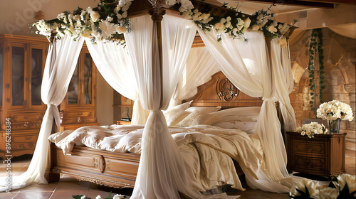 A luxurious, romantic bedroom featuring a four-poster bed with white sheer curtains and a canopy of white flowers. © Nurlan