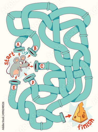 Help the mouse through the labyrinth. Children logic game to pass the maze. Educational game for kids. Attention task. Choose right path. Funny cartoon character. Worksheet page. Vector illustration