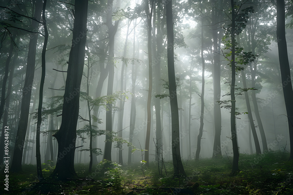 Obraz premium Surreal beautiful forest with fog
