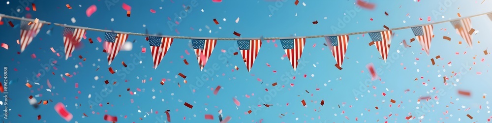 Garland with bunting american flags with confetti and ribbons on blue sky. Decoration for 4th of July, Labour Day, Independence Day, Veterans Day. Celebration concept for greeting card, banner Garland with bunting american flags with confetti and ribbons on blue sky. Decoration for 4th of July, Labour Day, Independence Day, Veterans Day. Celebration concept for greeting card, banner