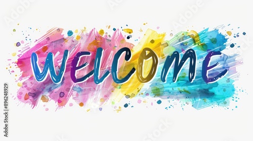 rainbow Welcome greeting text on white background with colorful waves and swirling lines, events, websites, greetings, hospitality industry and promotional materials