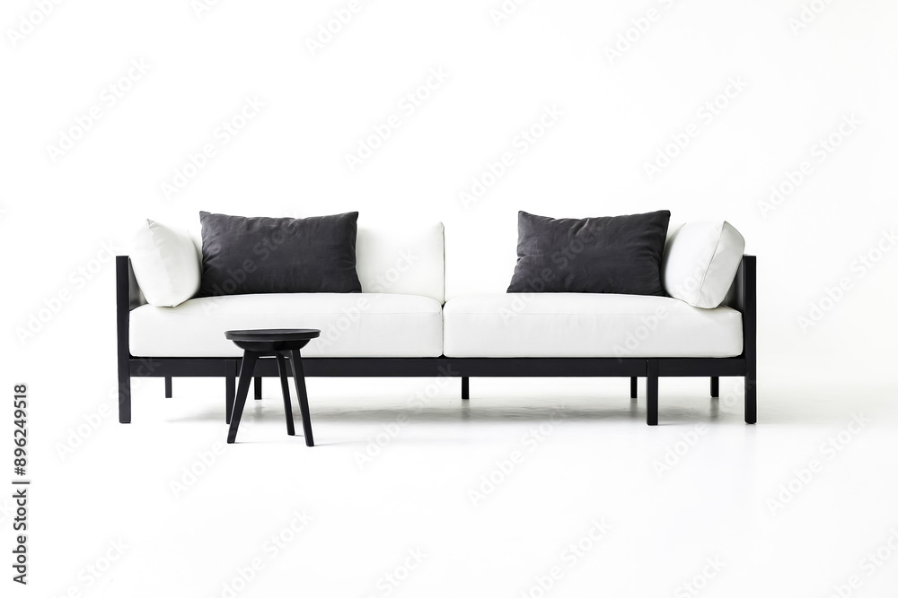 White Sofa with Black Frame and Pillows on White Background White Sofa with Black Frame and Pillows on White Background