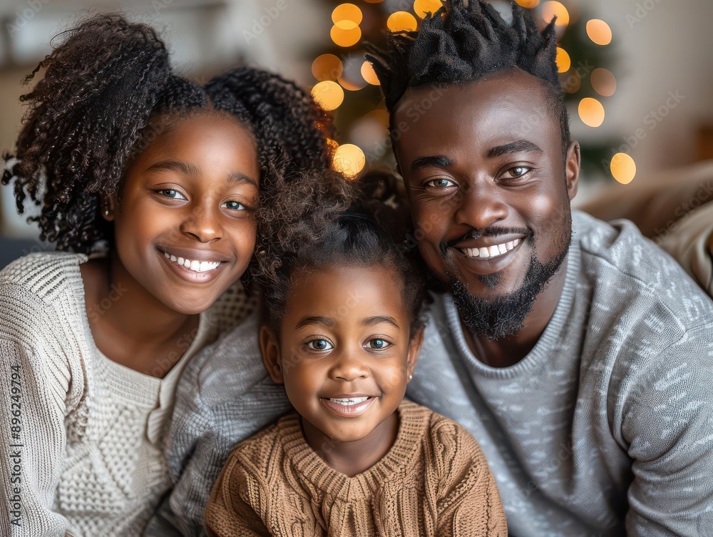 A happy African American family smiles for the camera during the Christmas season. A happy African American family smiles for the camera during the Christmas season.