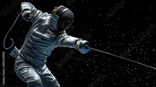 A powerful shot of a modern pentathlete competing in the fencing event, with a focused expression and dynamic swordplay photo