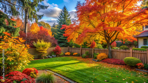 Fototapeta Naklejka Na Ścianę i Meble -  Cozy suburban home's backyard garden features vibrant autumn trees with orange, yellow, and red leaves overlooking a lush green lawn and wooden fence.