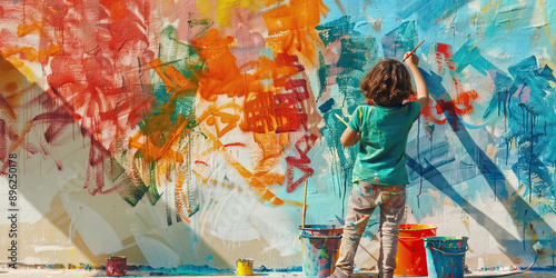 Alpha Artist at Work: A child painting a mural on a community wall, using brushes and buckets of paint.