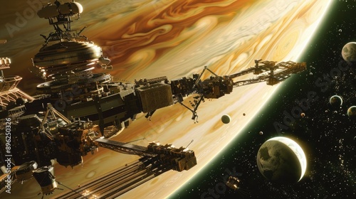 An automated space factory constructing new spacecraft in orbit around a gas giant, its robotic arms assembling intricate components with precision. photo