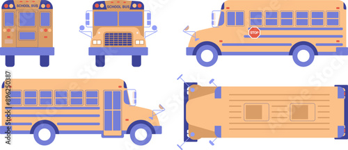 School bus flat color illustration set. Different angles of yellow vehicle isolated on white background. Back, front, side, top roof view.