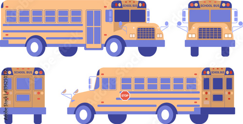 School bus flat color illustration set. Different angles of yellow vehicle isolated on white background. Back, front, side view.