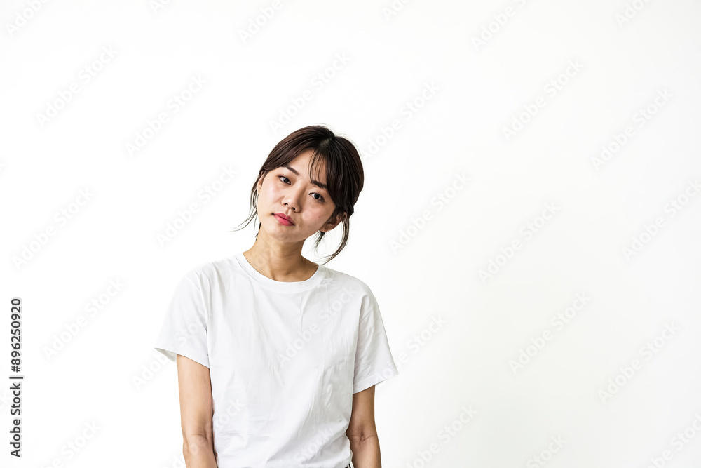 Young Woman Wearing White T-Shirt Against White Background Young Woman Wearing White T-Shirt Against White Background