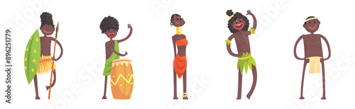 Barefoot African Aboriginal People Character Dressed in Traditional Tribal Clothing Vector Set