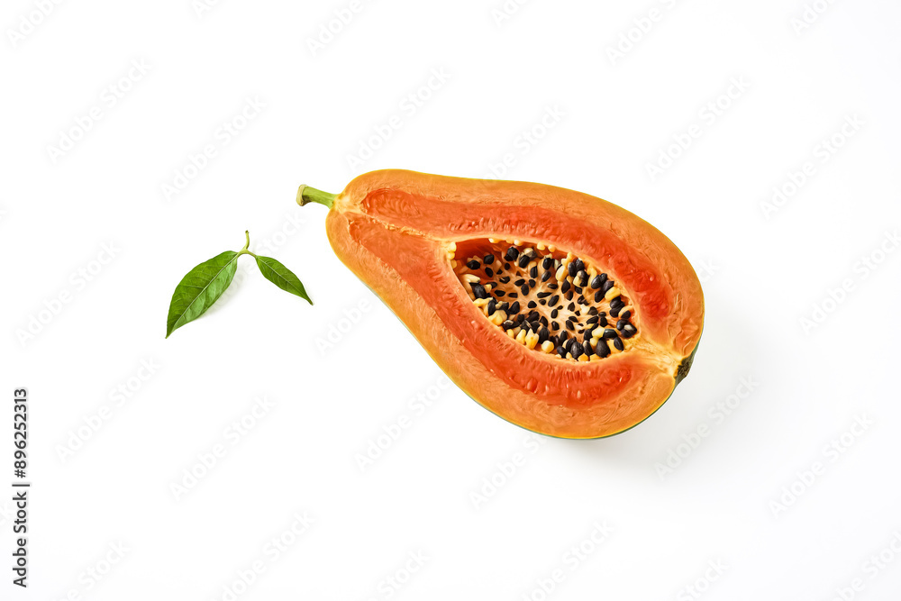 Half of a papaya with black seeds on a white background Half of a papaya with black seeds on a white background