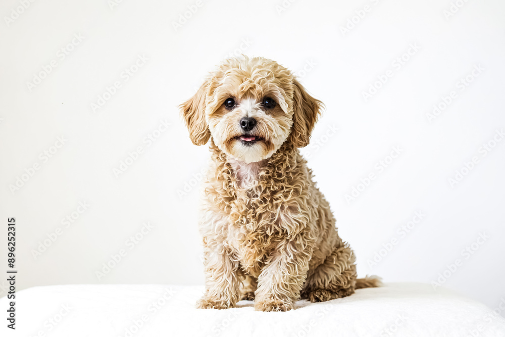 Adorable Golden Poodle Sitting on White Bedding Adorable Golden Poodle Sitting on White Bedding