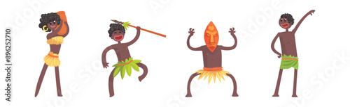 Barefoot African Aboriginal People Character Dressed in Traditional Tribal Clothing Vector Set