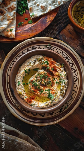 baba ganoush is eastern Mediterranean appetizer food healthy delicious cuisine. AI generated illustration photo