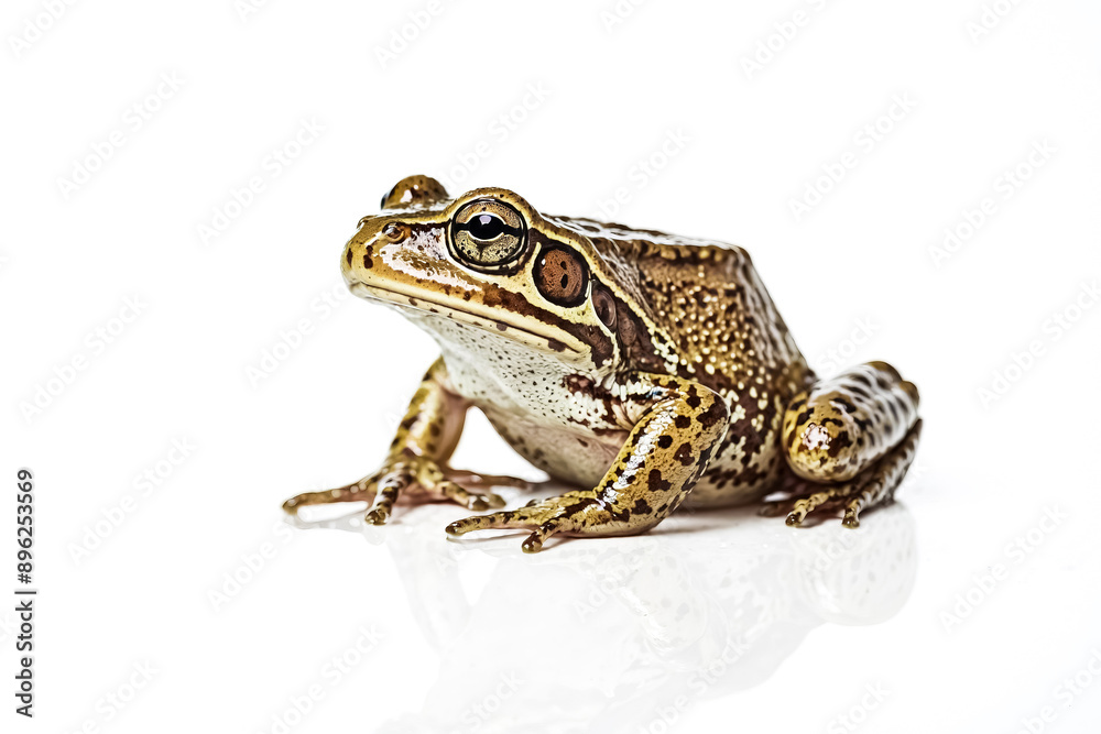 Fototapeta premium Close-up of a small frog with brown and yellow spots on a white background
