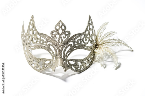 Silver masquerade mask with feather detail