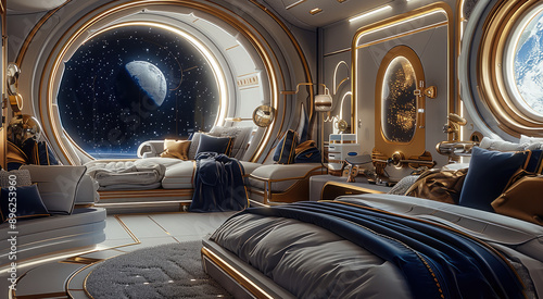 Fototapeta Naklejka Na Ścianę i Meble -  Luxurious captain quarters on a spaceship. The living area features opulent furnishings in deep navy blue and polished gold accents. Generative AI.