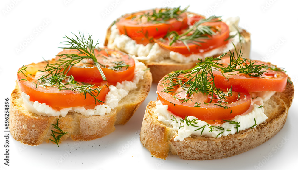 Delicious ricotta bruschettas with sliced tomatoes and dill isolated on white Delicious ricotta bruschettas with sliced tomatoes and dill isolated on white