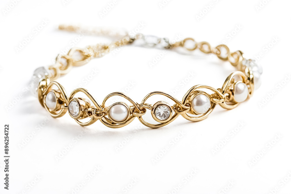 Closeup of a delicate gold bracelet with pearls and rhinestones Closeup of a delicate gold bracelet with pearls and rhinestones