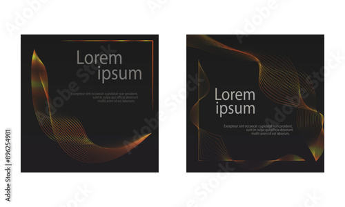 Black Golden Luxury square invitation card background set. Abstract geometric shape, gold line dark background. Premium design for gala card, grand opening, party invitation, layout, templates