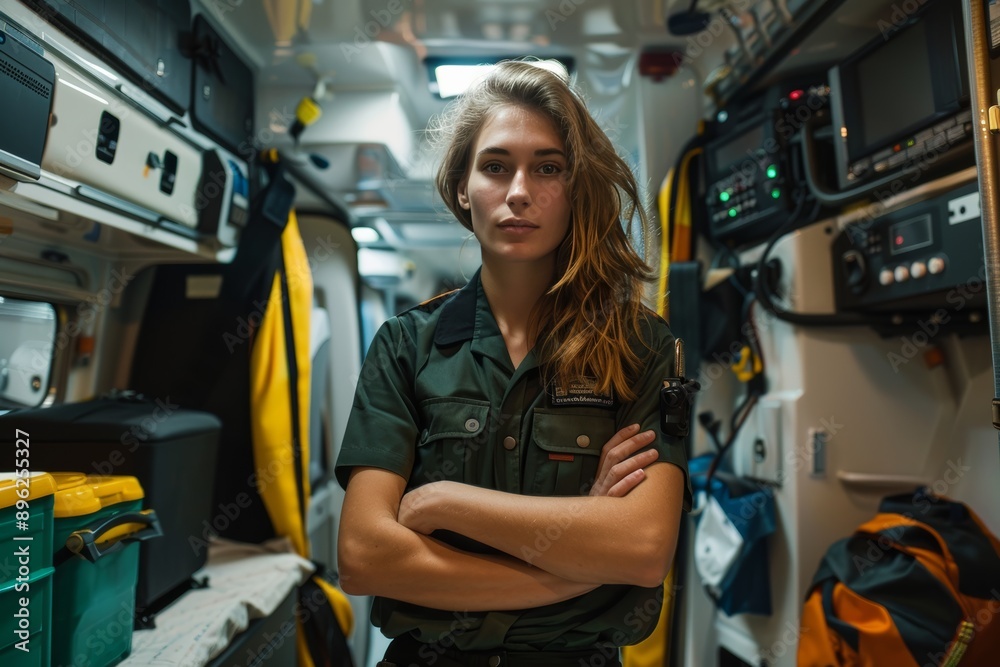 Focused female paramedic in ambulance, arms crossed, ready for emergencies Focused female paramedic in ambulance, arms crossed, ready for emergencies