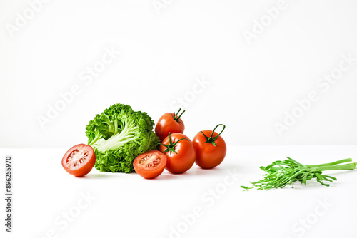 Fresh Tomatoes, Broccoli and Arugula on White Background