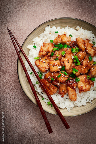 fried chicken teriyaki with rice, green onion and sesame, homemade, no people,