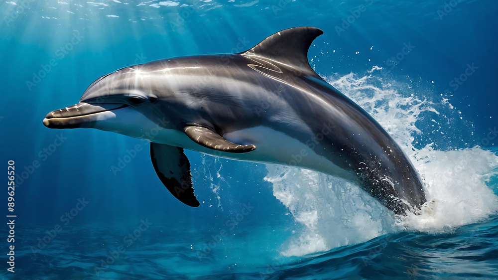Fototapeta premium A gracefully leaping Dolphin, its sleek body glistening under the sunlight as it arcs through the crystal-clear waters.