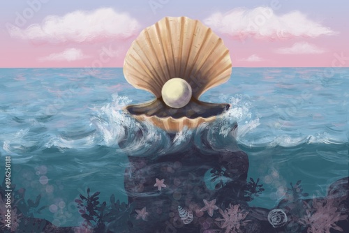 Bild auf Leinwand Pearl in a clam shell illustration
