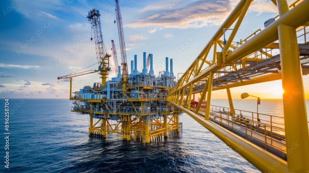 A crane lifting heavy equipment on an oil rig, with workers guiding the operation. A crane lifting heavy equipment on an oil rig, with workers guiding the operation.