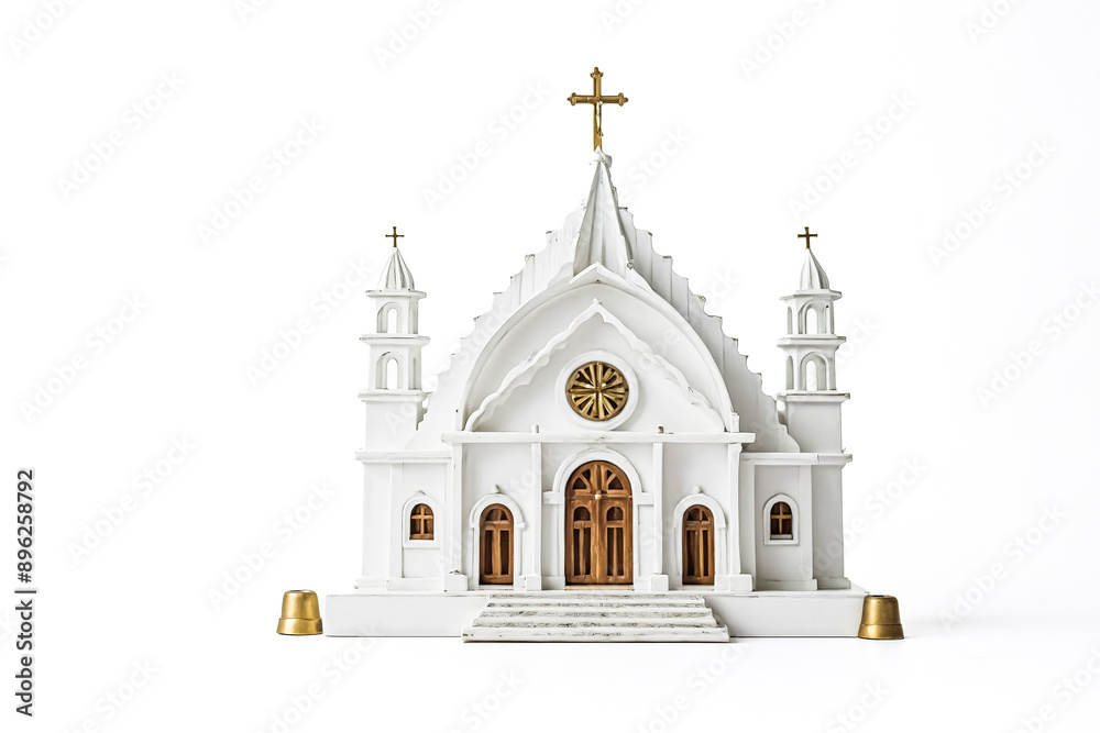 White Church Model with Golden Cross on White Background White Church Model with Golden Cross on White Background