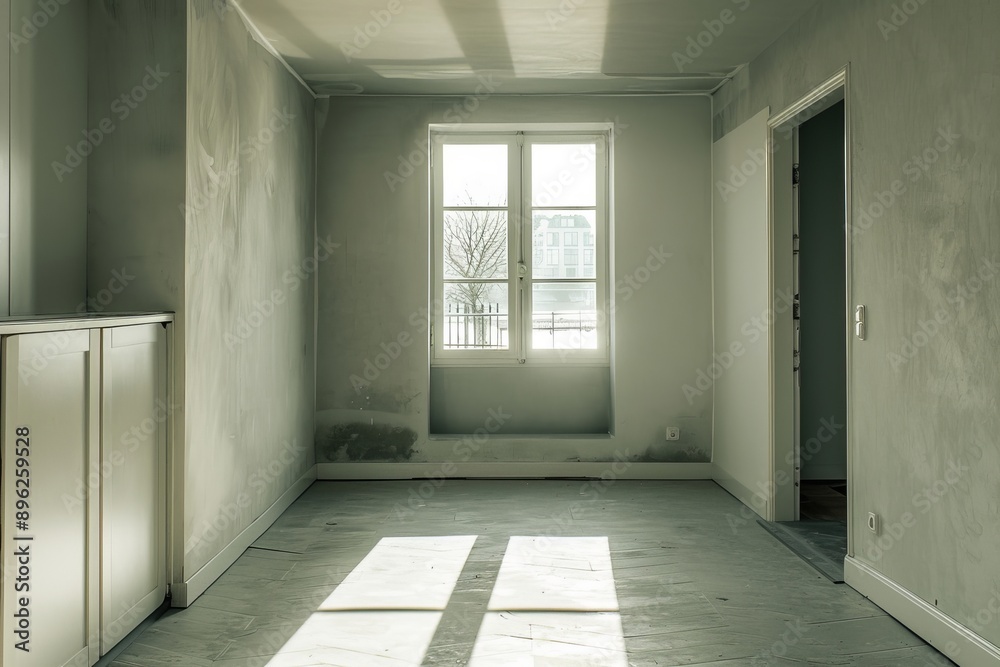 interior of empty room with white walls, concrete floor and window