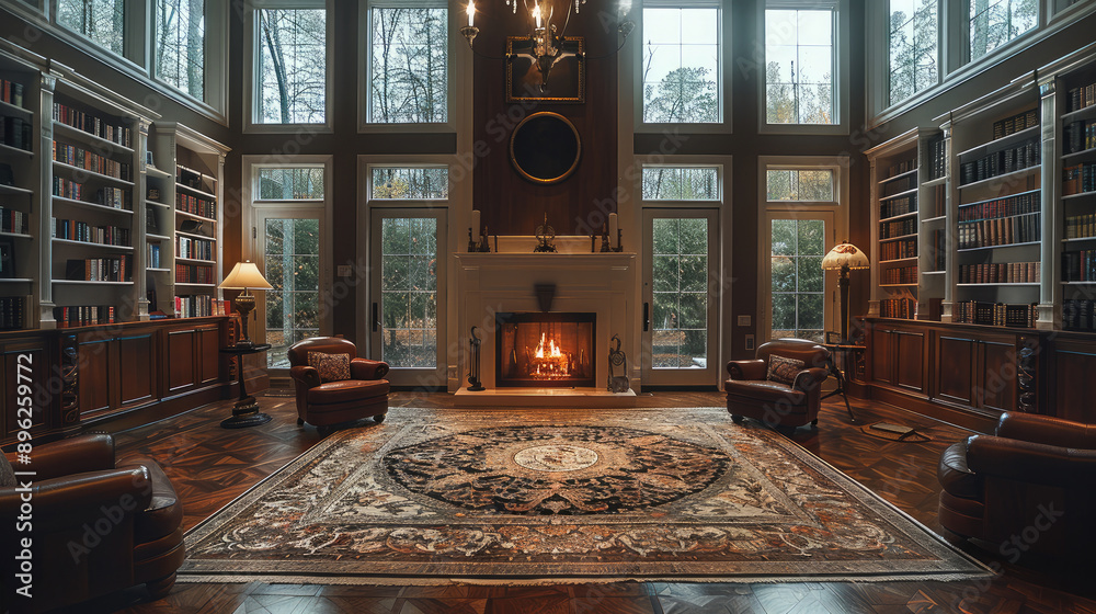 Obraz premium Great hall, library, fireplace. Generative AI.