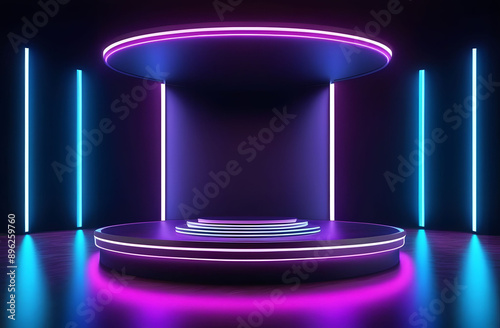 Empty round podium in a 3d room with neon pink and blue lighting. Pedestal for placing advertising products