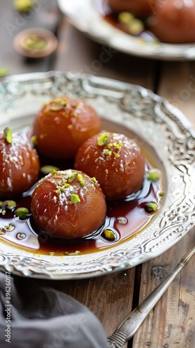 Tempting Indian Gulab jamun Presented In A Plate. AI generated illustration photo