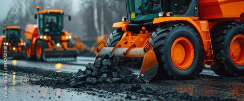 An Asphalt Paving Machine Building, Showcasing Smoothness And Stability photo