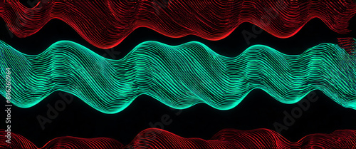 Abstract turquoise and red wave pattern swooshing across the frame