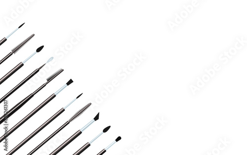 Makeup brushes set. Cosmetic tools vector illustration. Beauty and fashion card for make-up designs. lashes extensions accessories collection for visage salons, catalog. isolated on a white background