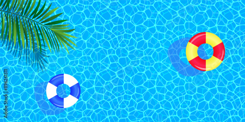 Swimming pool top view vector illustration. Summer background with swim rings, float, water texture and tropical palms leaves. travel and vacation banner for spa, aqua centers designs and wallpapers