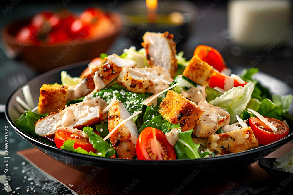 Tasty chicken Caesar salad featuring Parmesan cheese, tomatoes, croutons, and creamy dressing